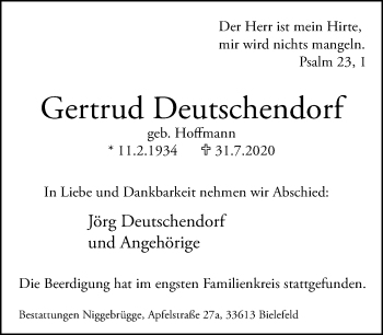 Traueranzeige von Gertrud Deutschendorf von Neue Westfälische