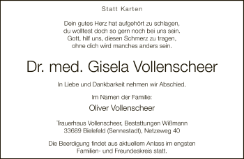 Traueranzeige von Gisela Vollenscheer von Neue Westfälische