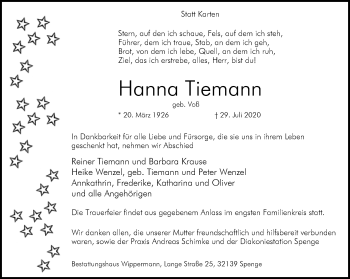Traueranzeige von Hanna Tiemann von Neue Westfälische