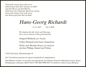 Traueranzeige von Hans-Georg Richardt von Neue Westfälische