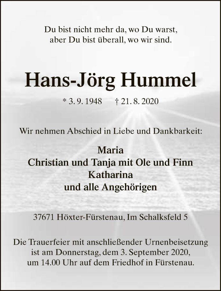  Traueranzeige für Hans-Jörg Hummel vom 29.08.2020 aus Neue Westfälische