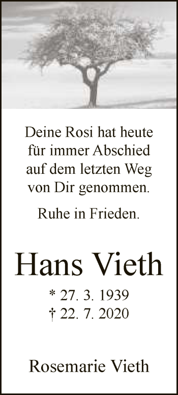 Traueranzeige von Hans Vieth von Neue Westfälische