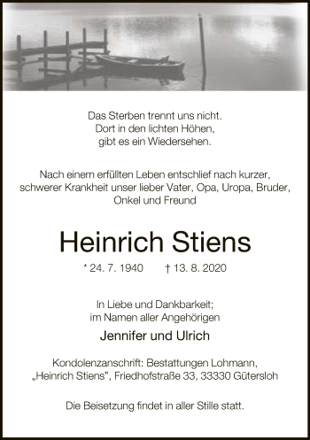 Traueranzeige von Heinrich Stiens von Neue Westfälische