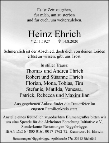 Traueranzeige von Heinz Ehrich von Neue Westfälische