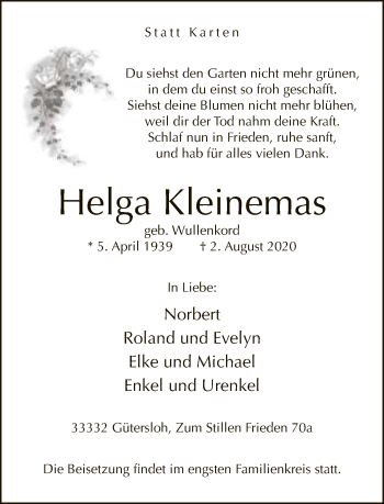 Traueranzeige von Helga Kleinemas von Neue Westfälische