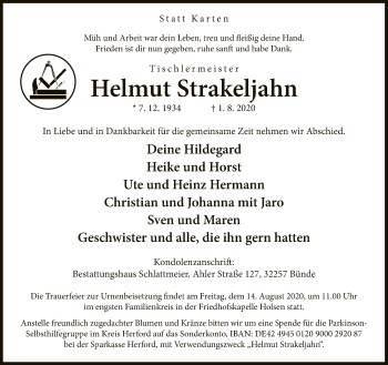 Traueranzeige von Helmut Strakeljahn von Neue Westfälische