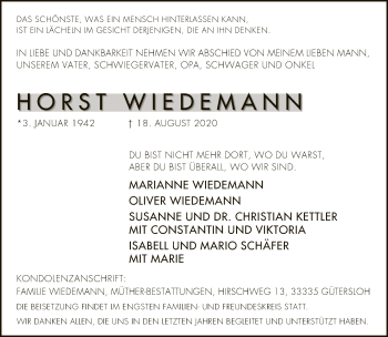 Traueranzeige von Horst Wiedemann von Neue Westfälische