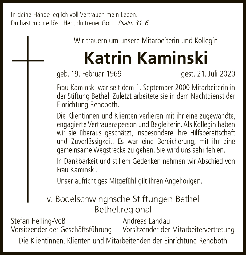  Traueranzeige für Katrin Kaminski vom 08.08.2020 aus Neue Westfälische