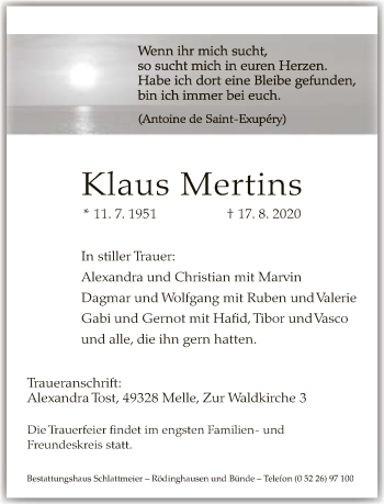 Traueranzeige von Klaus Mertins von Neue Westfälische