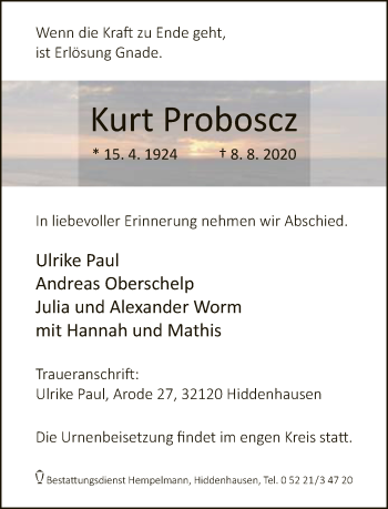 Traueranzeige von Kurt Proboscz von Neue Westfälische