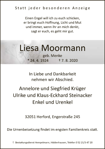 Traueranzeige von Liesa Moormann von Neue Westfälische