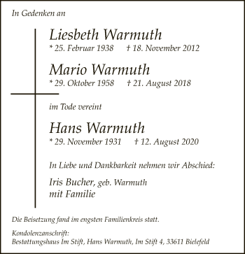 Traueranzeige von Liesbeth, Mario und Hans Warmuth von Neue Westfälische