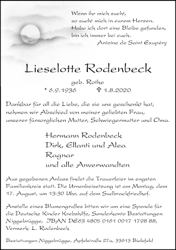 Traueranzeige von Lieselotte Rodenbeck von Neue Westfälische
