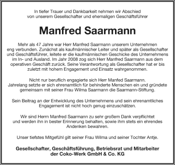 Traueranzeige von Manfred Saarmann von Neue Westfälische