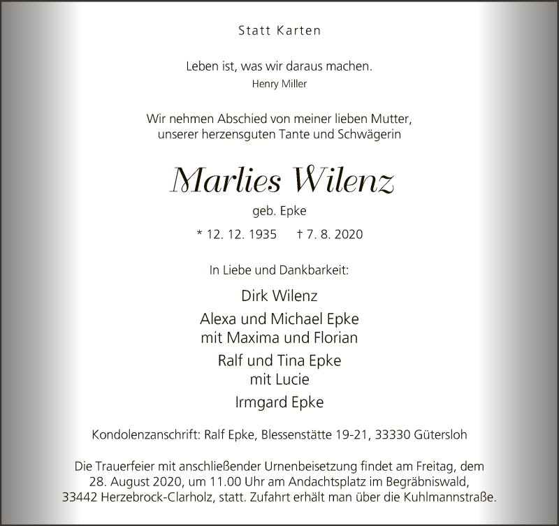  Traueranzeige für Marlies Wilenz vom 15.08.2020 aus Neue Westfälische