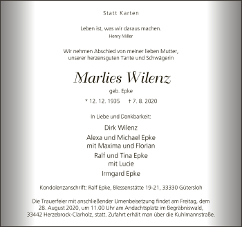 Traueranzeige von Marlies Wilenz von Neue Westfälische