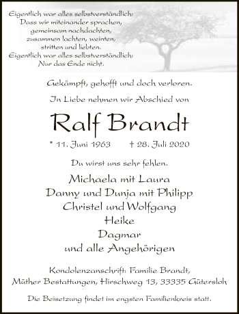 Traueranzeige von Ralf Brandt von Neue Westfälische