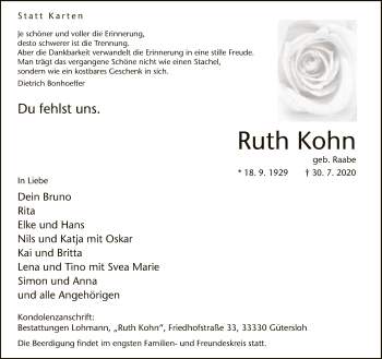 Traueranzeige von Ruth Kohn von Neue Westfälische
