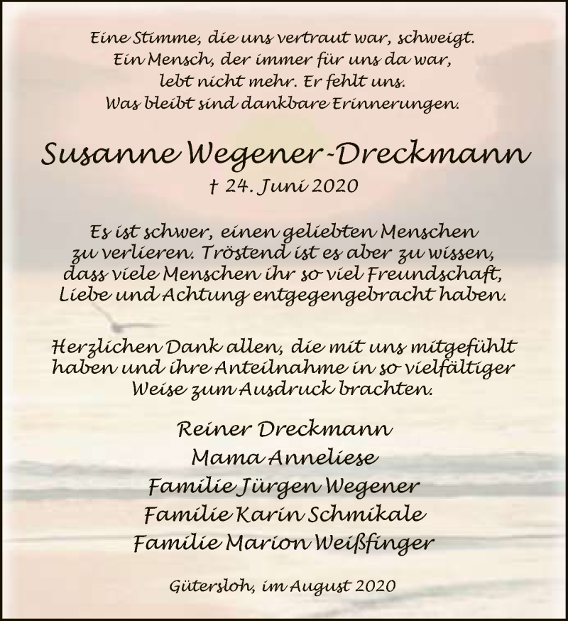  Traueranzeige für Susanne Wegener-Dreckmann vom 15.08.2020 aus Neue Westfälische