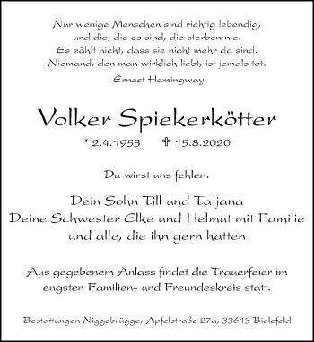 Traueranzeige von Volker Spiekerkötter von Neue Westfälische