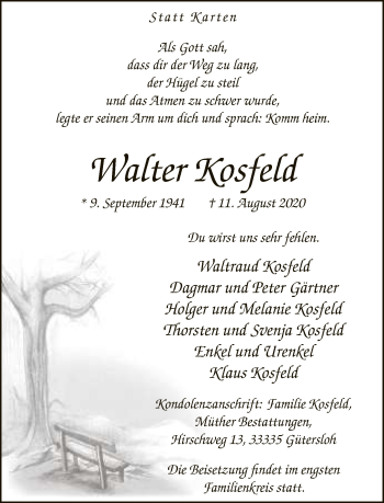 Traueranzeige von Walter Kosfeld von Neue Westfälische