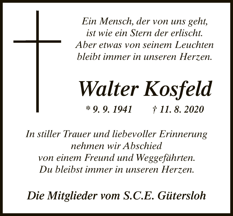  Traueranzeige für Walter Kosfeld vom 22.08.2020 aus Neue Westfälische