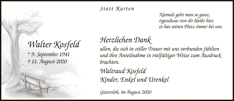  Traueranzeige für Walter Kosfeld vom 29.08.2020 aus Neue Westfälische