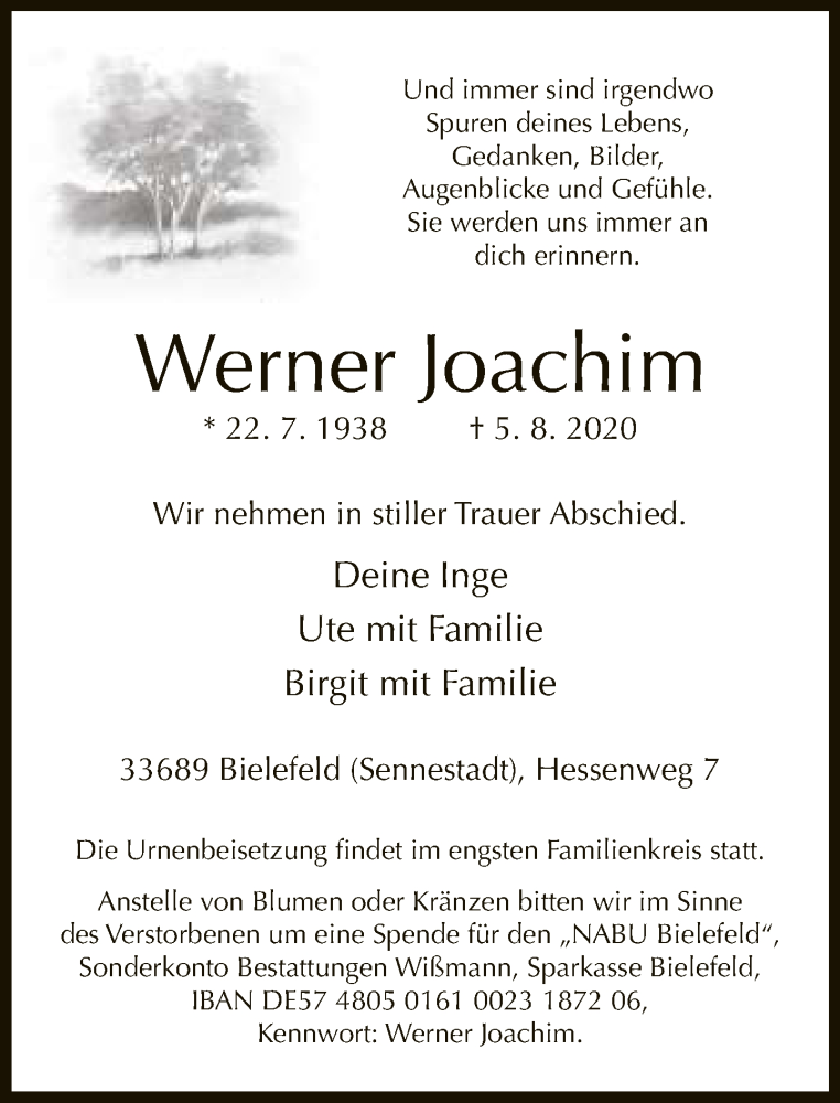  Traueranzeige für Werner Joachim vom 15.08.2020 aus Neue Westfälische