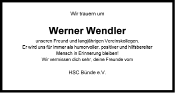 Traueranzeige von Werner Wendler von Neue Westfälische