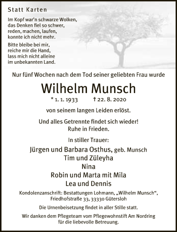Traueranzeige von Wilhelm Munsch von Neue Westfälische