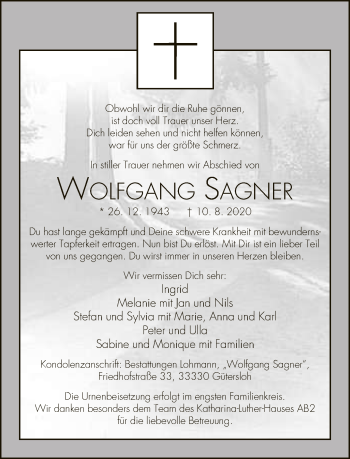 Traueranzeige von Wolfgang Sagner von Neue Westfälische