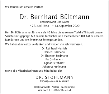 Traueranzeige von Bernhard Bültmann von Neue Westfälische