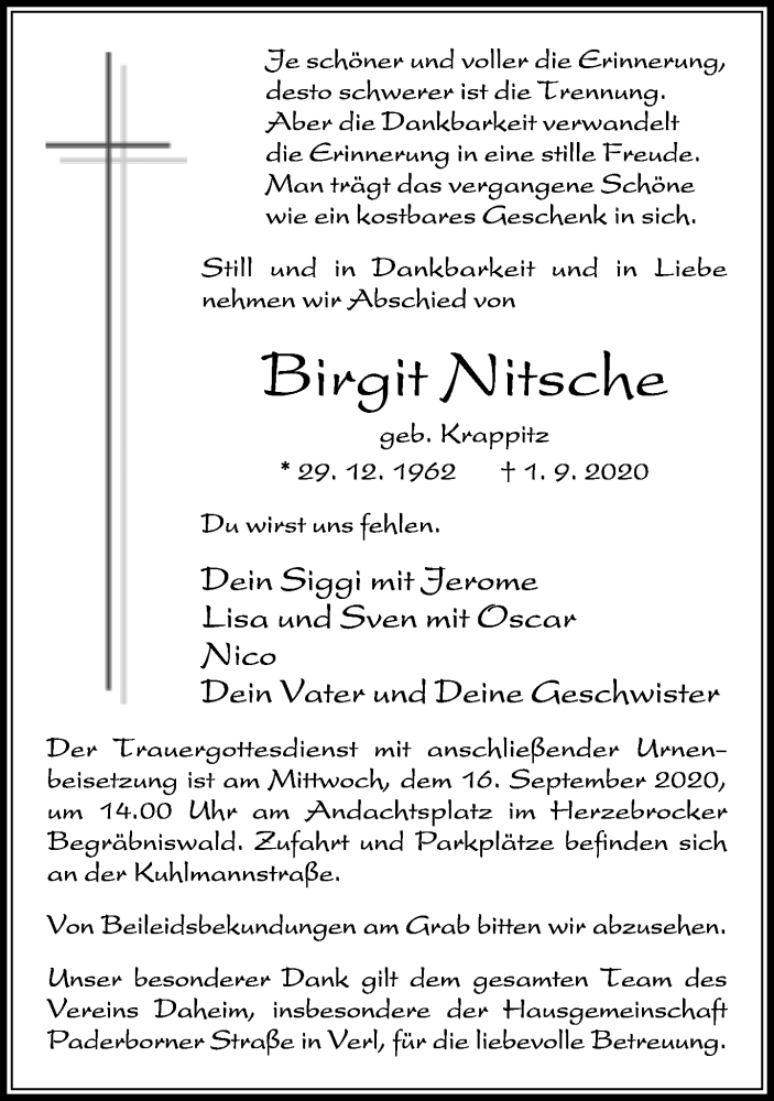  Traueranzeige für Birgit Nitsche vom 12.09.2020 aus Neue Westfälische