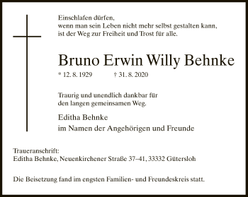 Traueranzeige von Bruno Erwin Willy Behnke von Neue Westfälische
