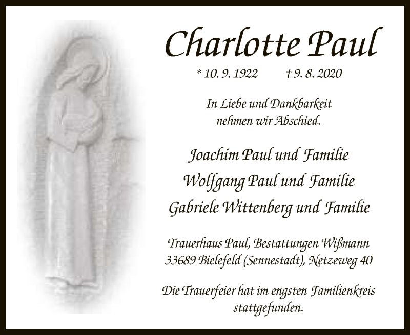  Traueranzeige für Charlotte Paul vom 05.09.2020 aus Neue Westfälische