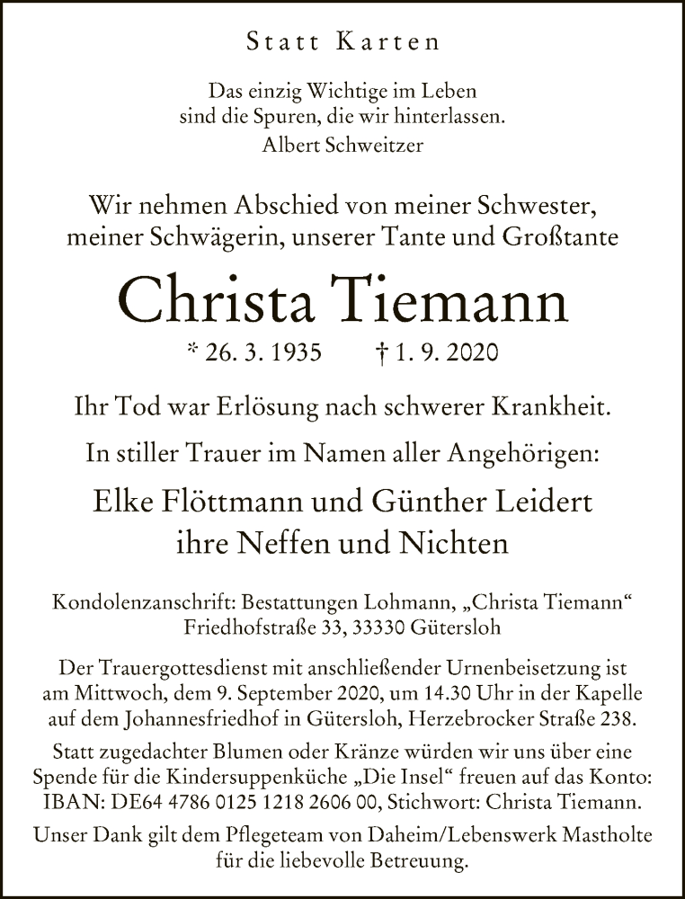  Traueranzeige für Christa Tiemann vom 05.09.2020 aus Neue Westfälische