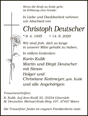 Traueranzeige von Christoph Deutscher von Neue Westfälische