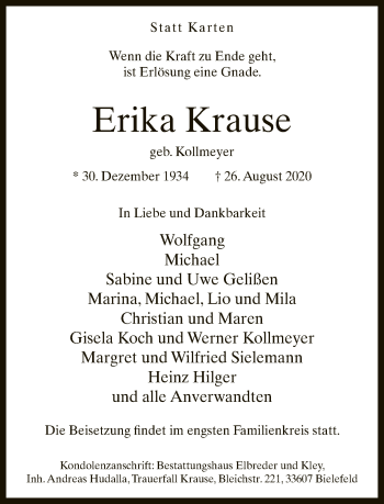 Traueranzeige von Erika Krause von Neue Westfälische