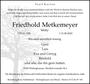 Traueranzeige von Friedhold Metkemeyer von Neue Westfälische