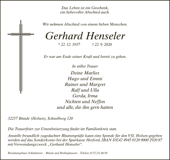 Traueranzeige von Gerhard Henseler von Neue Westfälische