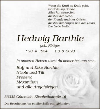Traueranzeige von Hedwig Barthle von Neue Westfälische