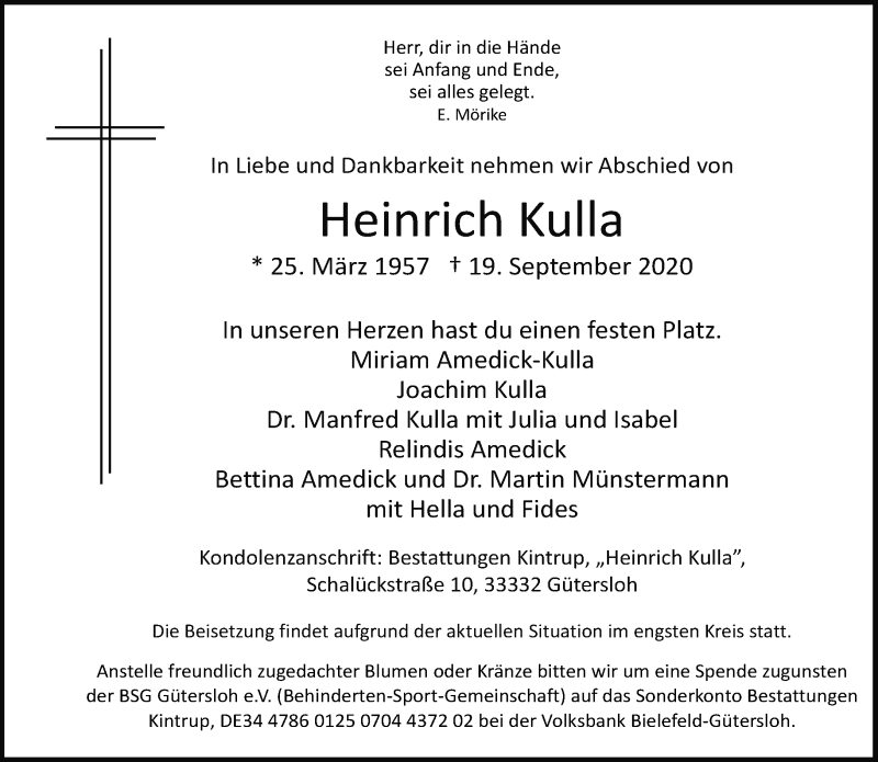  Traueranzeige für Heinrich Kulla vom 23.09.2020 aus Neue Westfälische