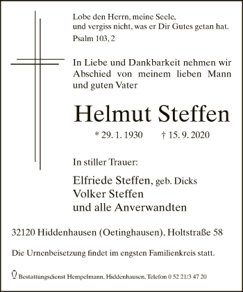 Traueranzeige von Helmut Steffen von Neue Westfälische