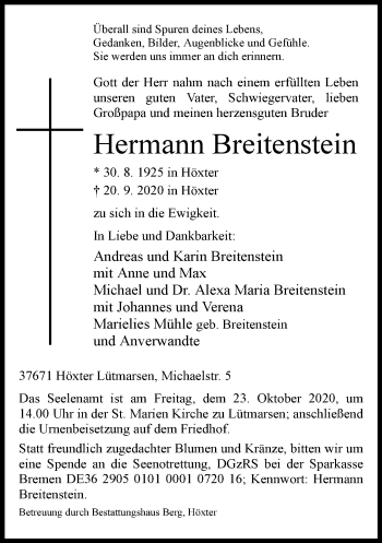 Traueranzeige von Hermann Breitenstein von Neue Westfälische