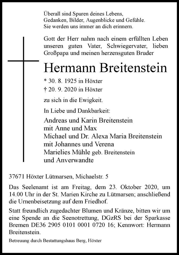  Traueranzeige für Hermann Breitenstein vom 26.09.2020 aus Neue Westfälische