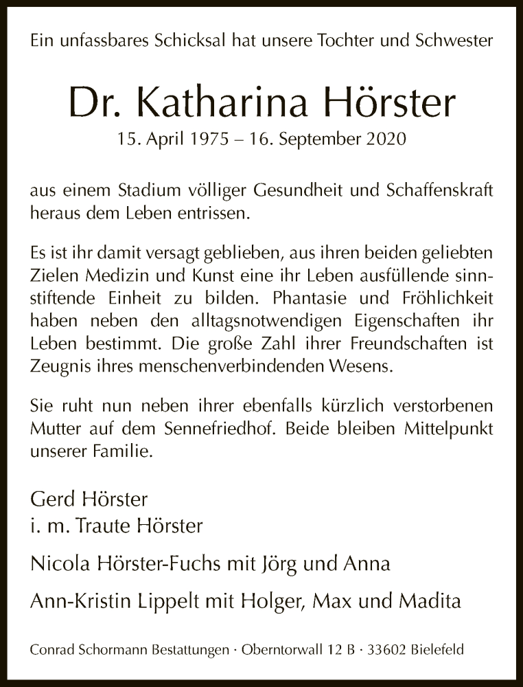  Traueranzeige für Katharina Hörster vom 26.09.2020 aus Neue Westfälische