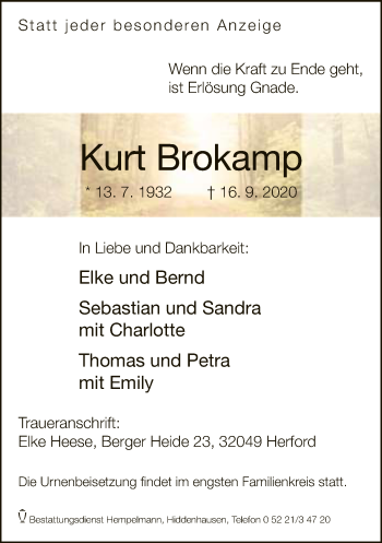 Traueranzeige von Kurt Brokamp von Neue Westfälische
