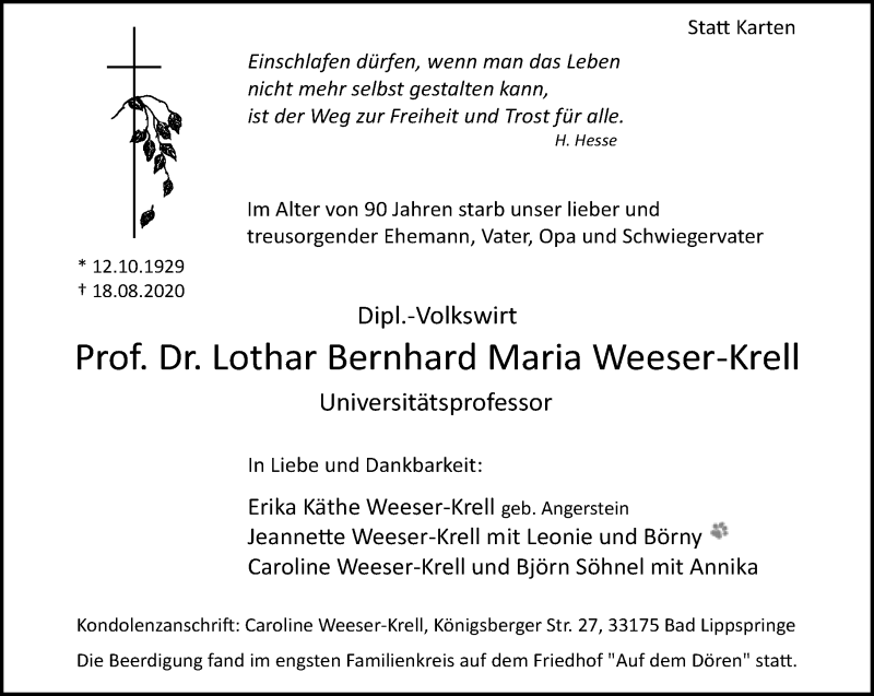  Traueranzeige für Lothar Bernhard Maria Weeser-Krell vom 05.09.2020 aus Neue Westfälische