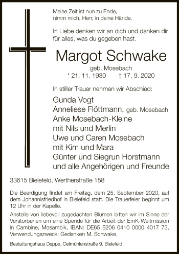 Traueranzeige von Margot Schwake von Neue Westfälische