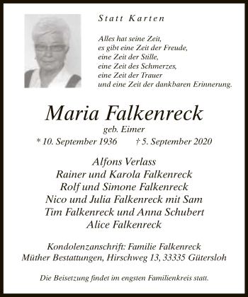 Traueranzeige von Maria Falkenreck von Neue Westfälische